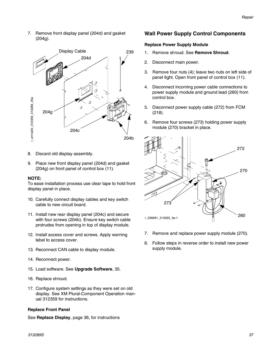 Graco 313289s Wall Power Supply Control Components, Replace Power Supply Module, Replace Front Panel 