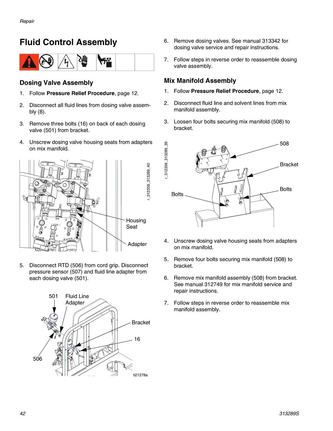 Graco 313289s important safety instructions Fluid Control Assembly, Dosing Valve Assembly, Mix Manifold Assembly 