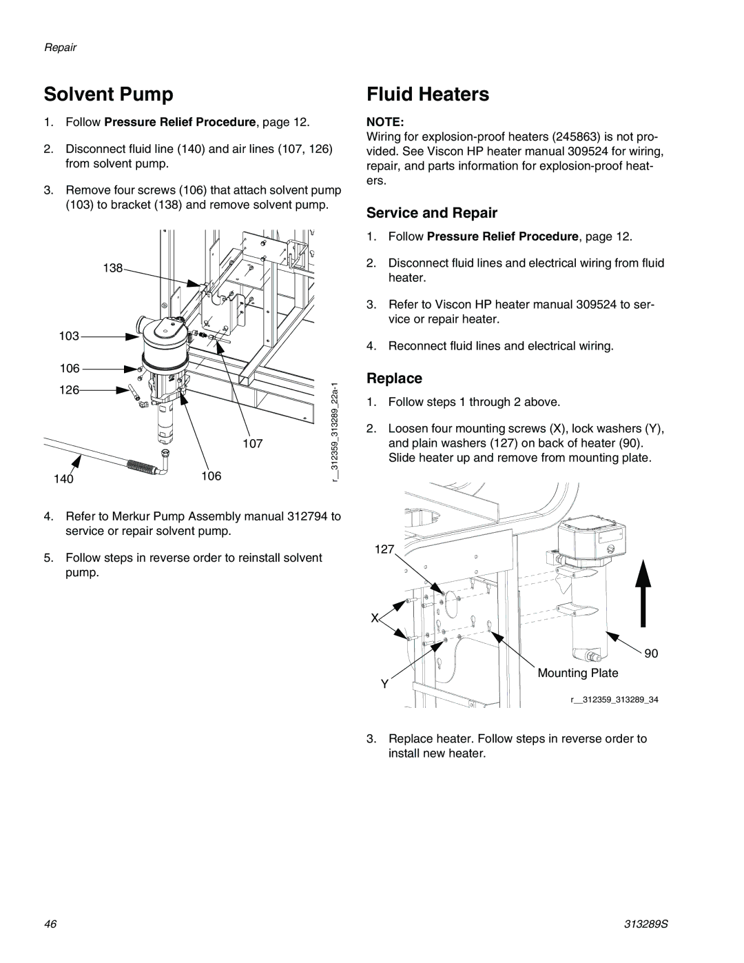 Graco 313289s important safety instructions Solvent Pump, Fluid Heaters, Service and Repair, Replace 