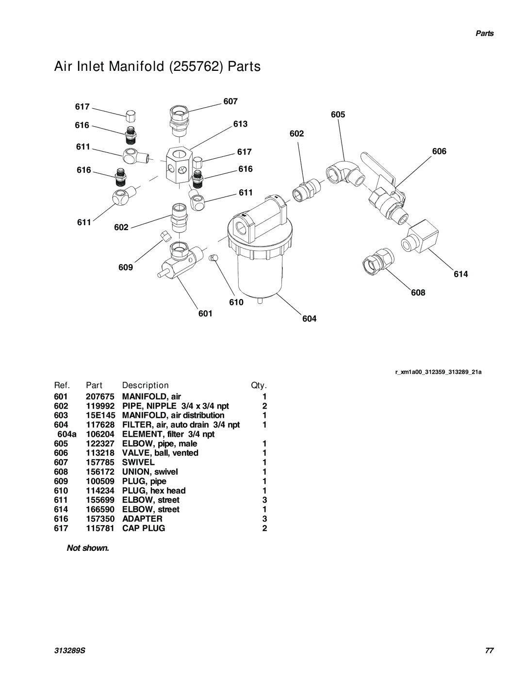 Graco 313289s important safety instructions Air Inlet Manifold 255762 Parts, Swivel, CAP Plug 