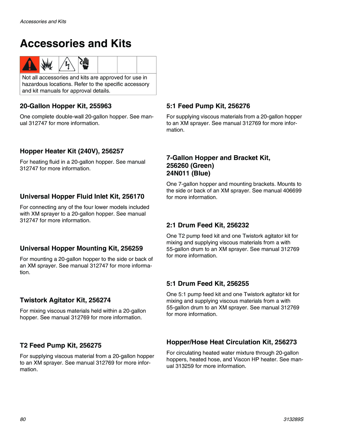 Graco 313289s important safety instructions Accessories and Kits 