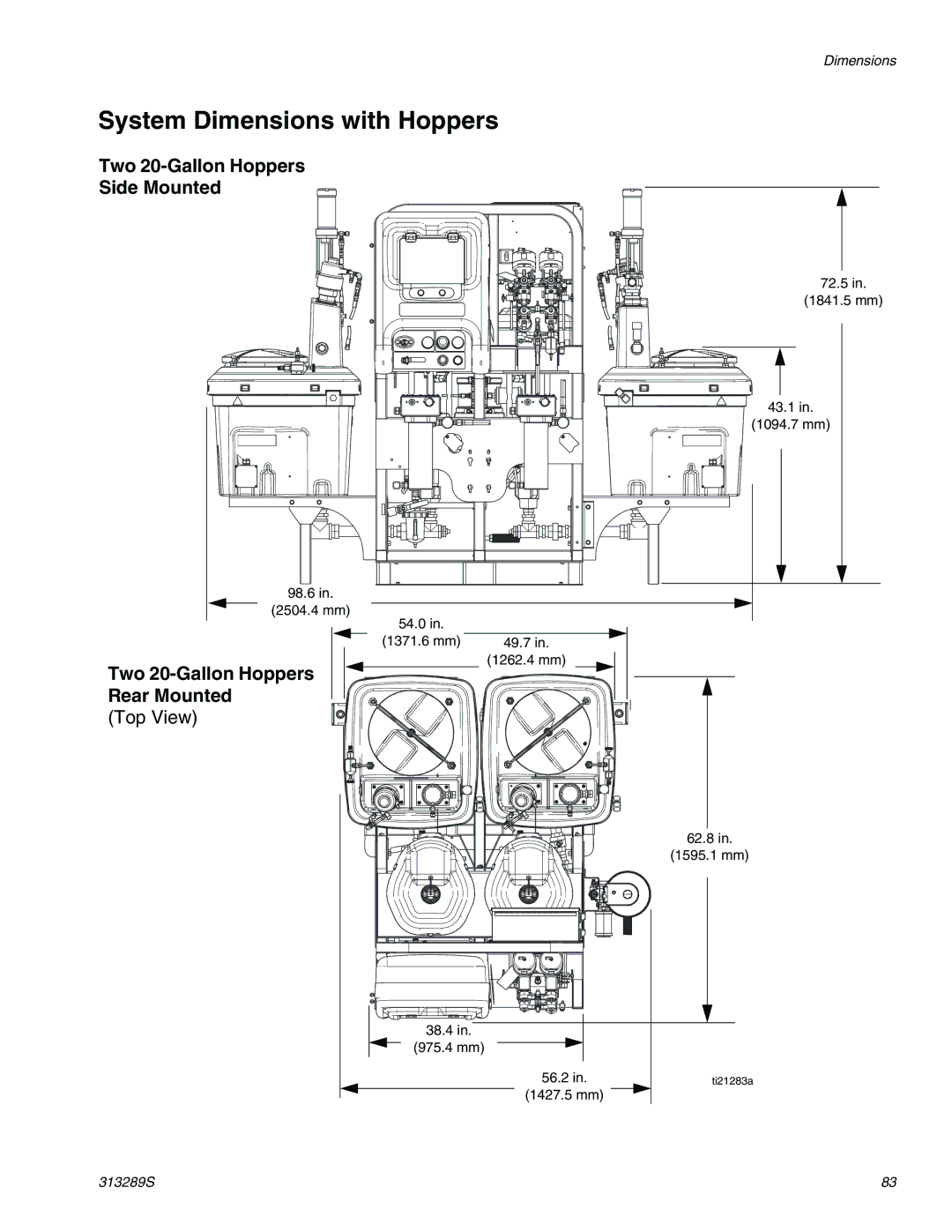 Graco 313289s System Dimensions with Hoppers, Two 20-Gallon Hoppers Side Mounted, Two 20-Gallon Hoppers Rear Mounted 