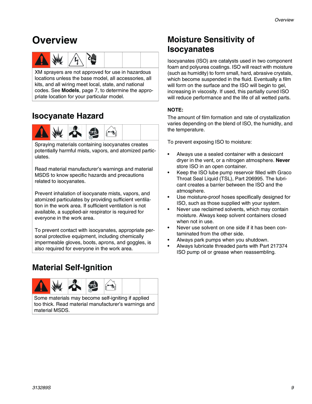 Graco 313289s Overview, Isocyanate Hazard, Material Self-Ignition, Moisture Sensitivity Isocyanates 