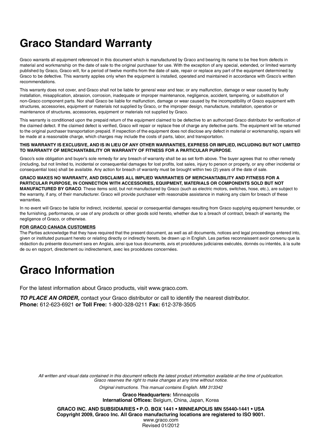 Graco 313342D important safety instructions Graco Standard Warranty, Graco Information 