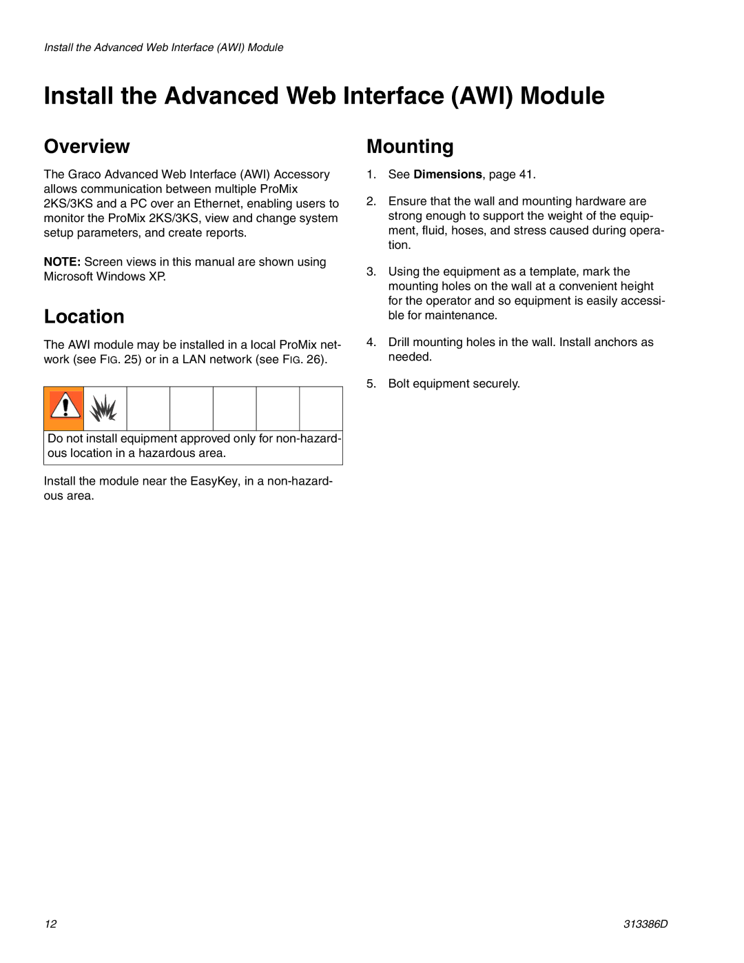 Graco 313386D important safety instructions Install the Advanced Web Interface AWI Module, Overview, Location, Mounting 