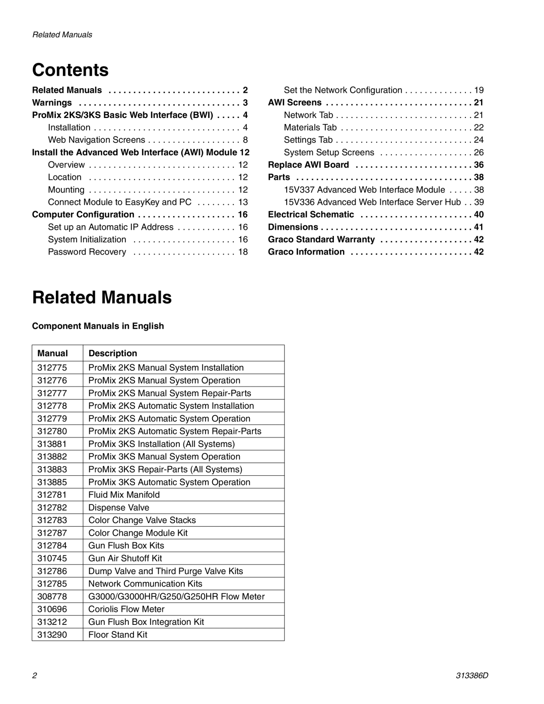 Graco 313386D important safety instructions Contents, Related Manuals 