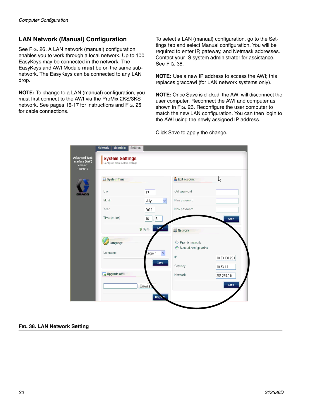 Graco 313386D important safety instructions LAN Network Manual Configuration, LAN Network Setting 