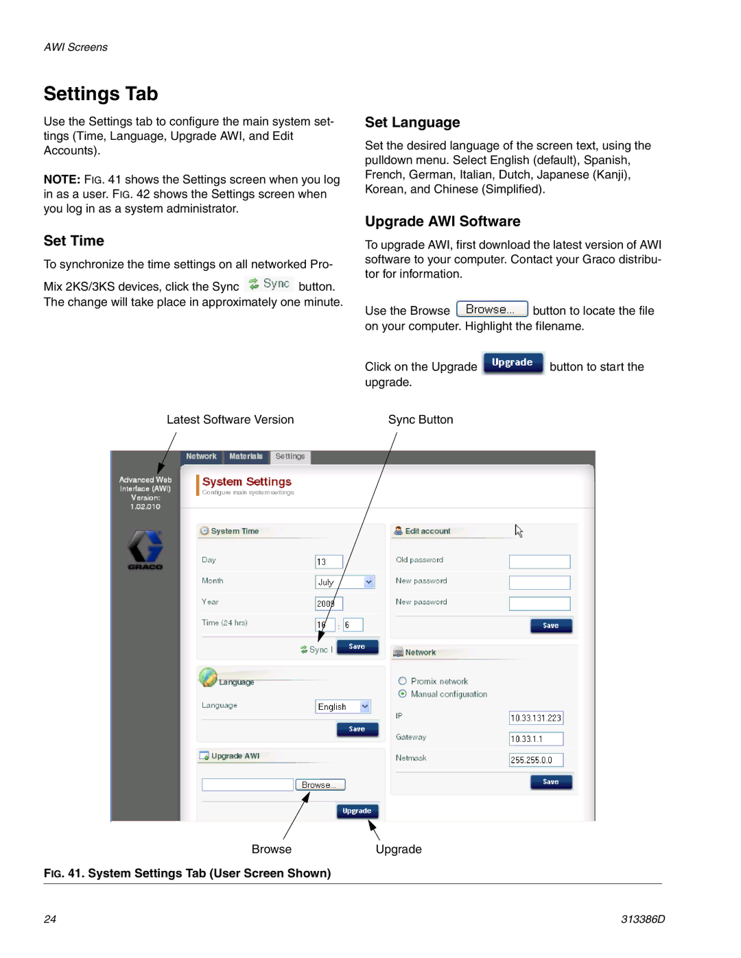 Graco 313386D important safety instructions Settings Tab, Set Time, Set Language, Upgrade AWI Software 