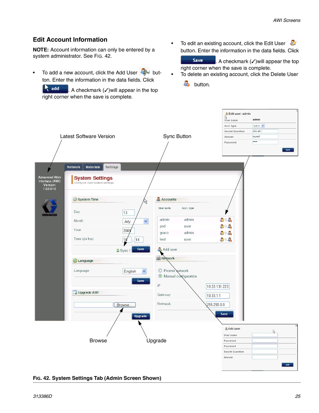 Graco 313386D important safety instructions Edit Account Information, System Settings Tab Admin Screen Shown 