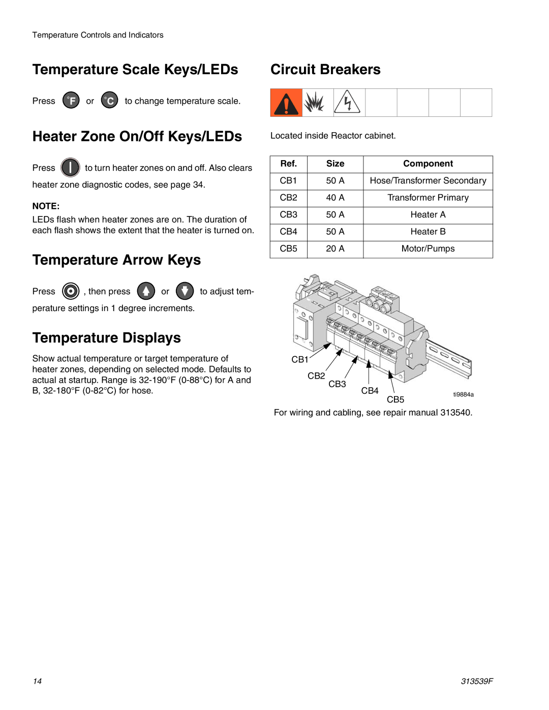 Graco 313539F Temperature Scale Keys/LEDs Circuit Breakers, Heater Zone On/Off Keys/LEDs, Temperature Arrow Keys 