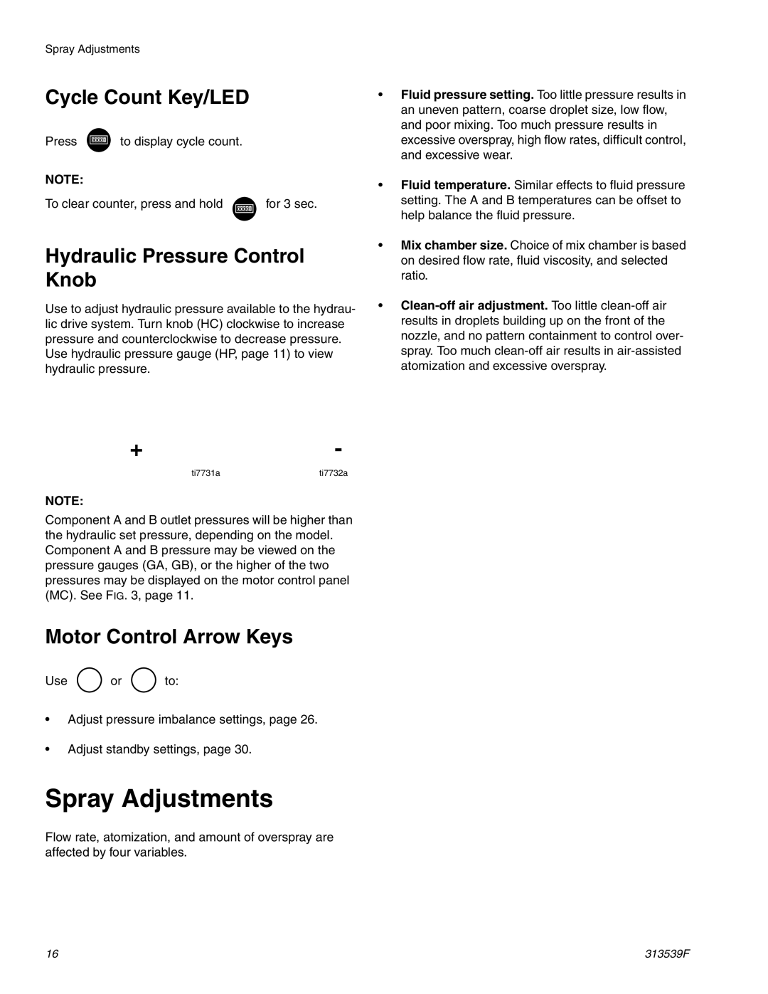 Graco 313539F Spray Adjustments, Cycle Count Key/LED, Hydraulic Pressure Control Knob, Motor Control Arrow Keys 