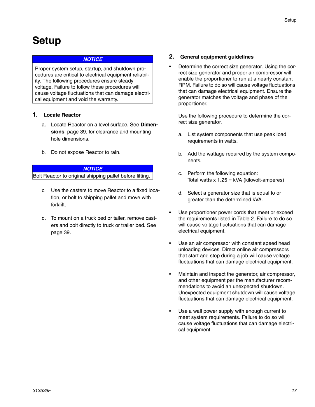 Graco 313539F important safety instructions Setup, Locate Reactor, General equipment guidelines 