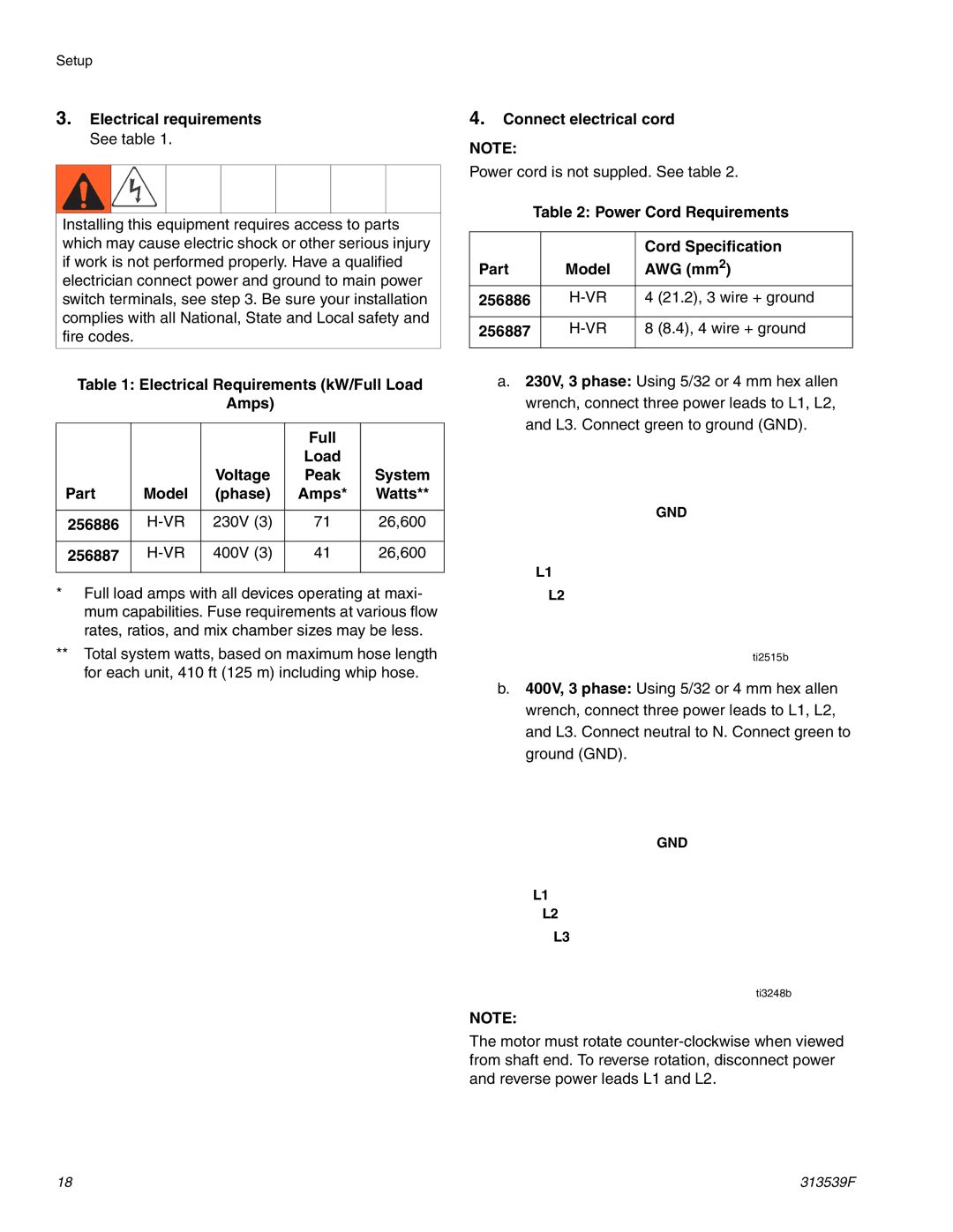 Graco 313539F Electrical requirements See table, Electrical Requirements kW/Full Load Amps Voltage, System 