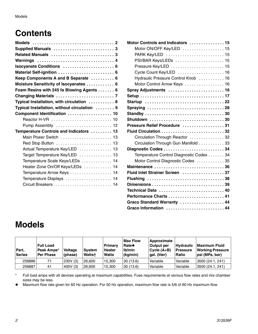 Graco 313539F important safety instructions Contents, Models 