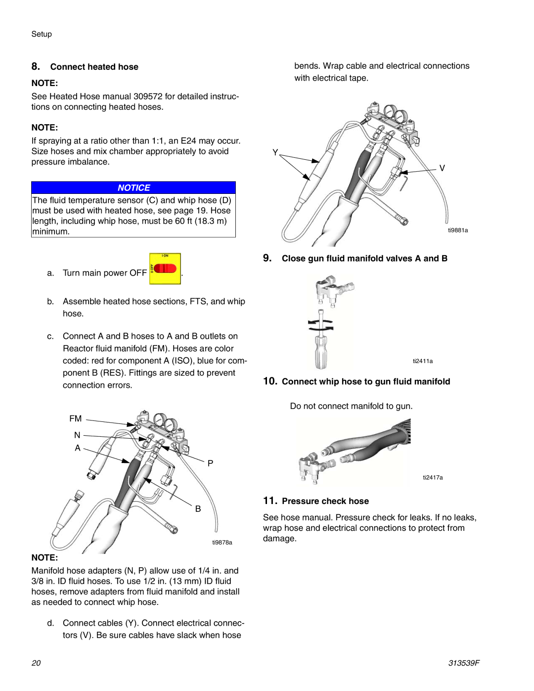 Graco 313539F Connect heated hose, Close gun fluid manifold valves a and B, Connect whip hose to gun fluid manifold 