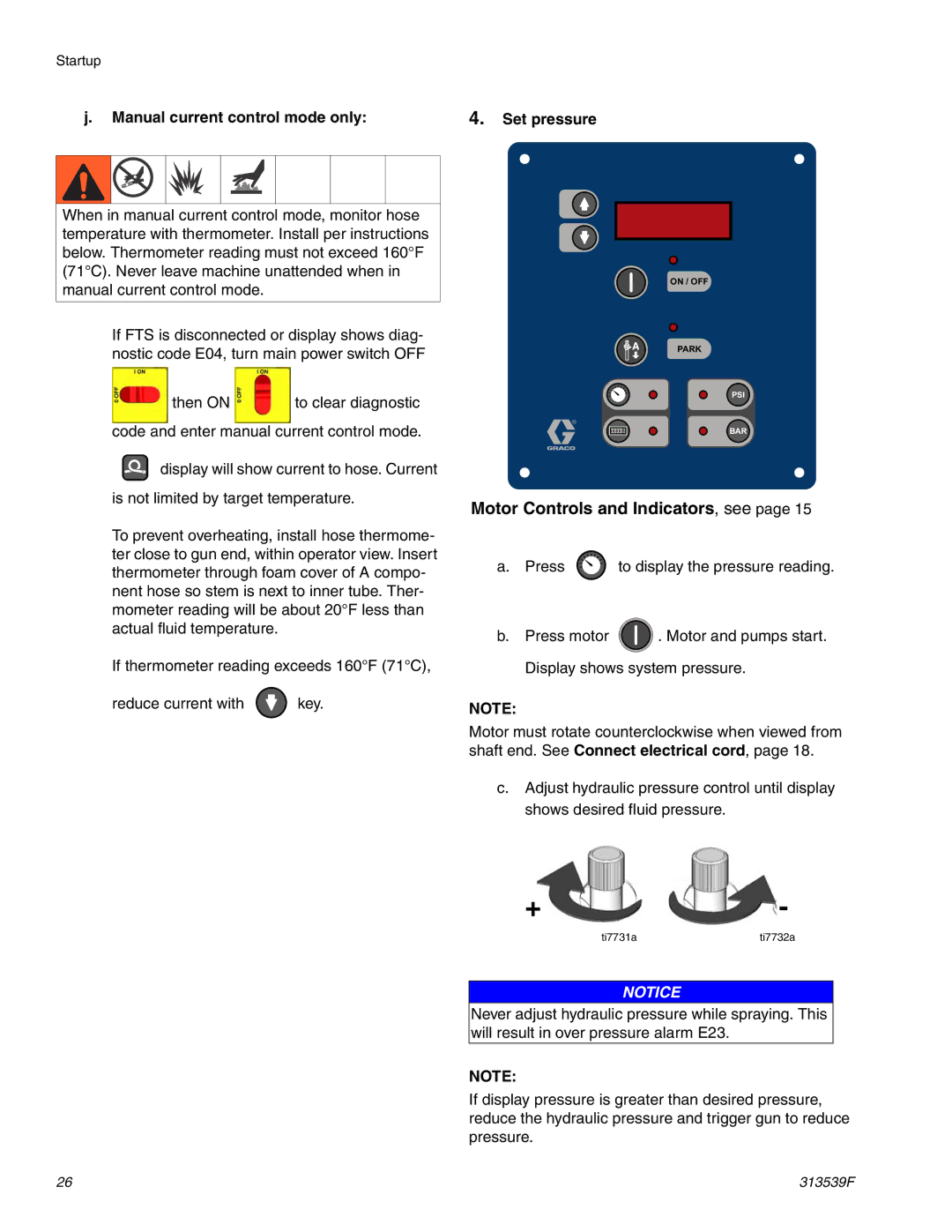 Graco 313539F important safety instructions Manual current control mode only, Set pressure 