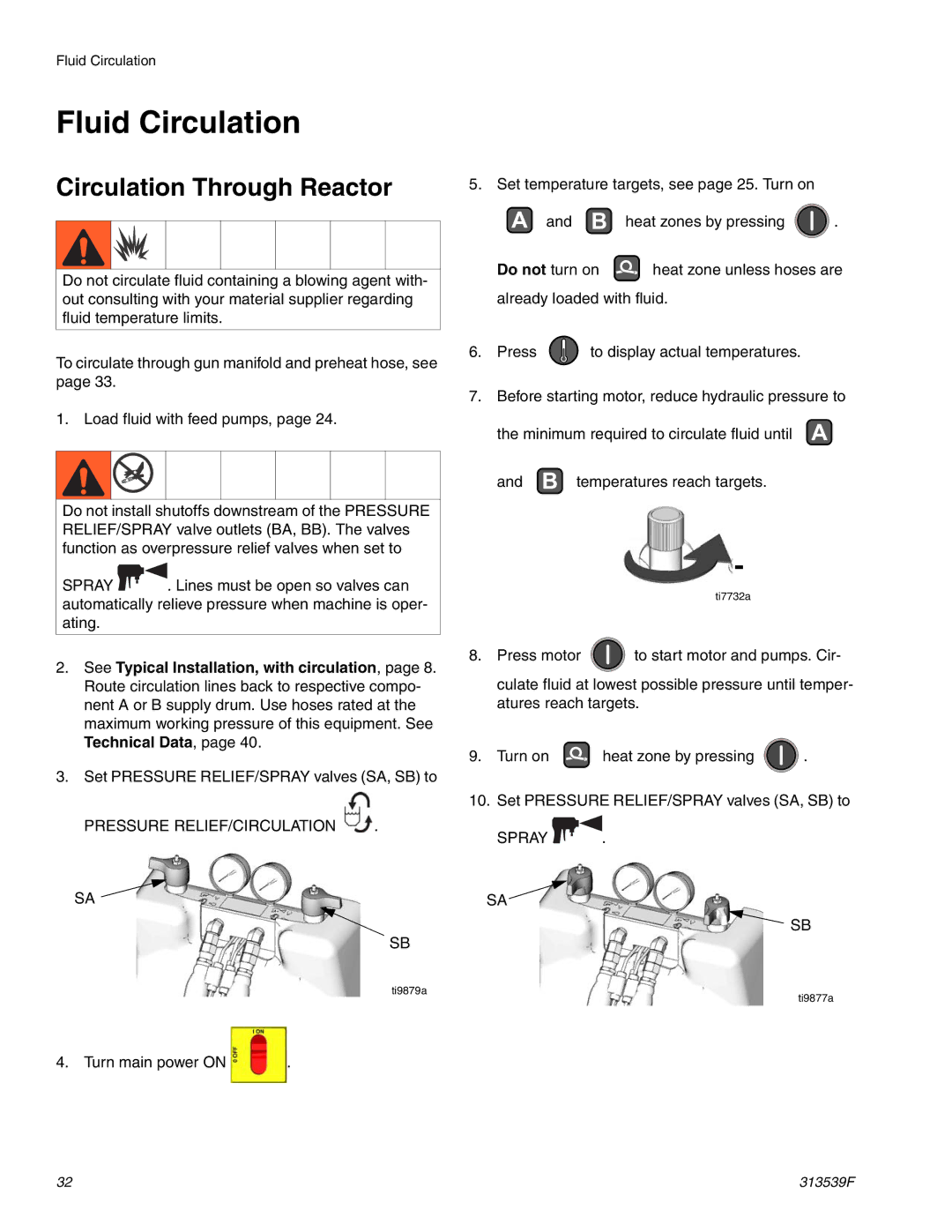 Graco 313539F important safety instructions Fluid Circulation, Circulation Through Reactor, Pressure RELIEF/CIRCULATION 