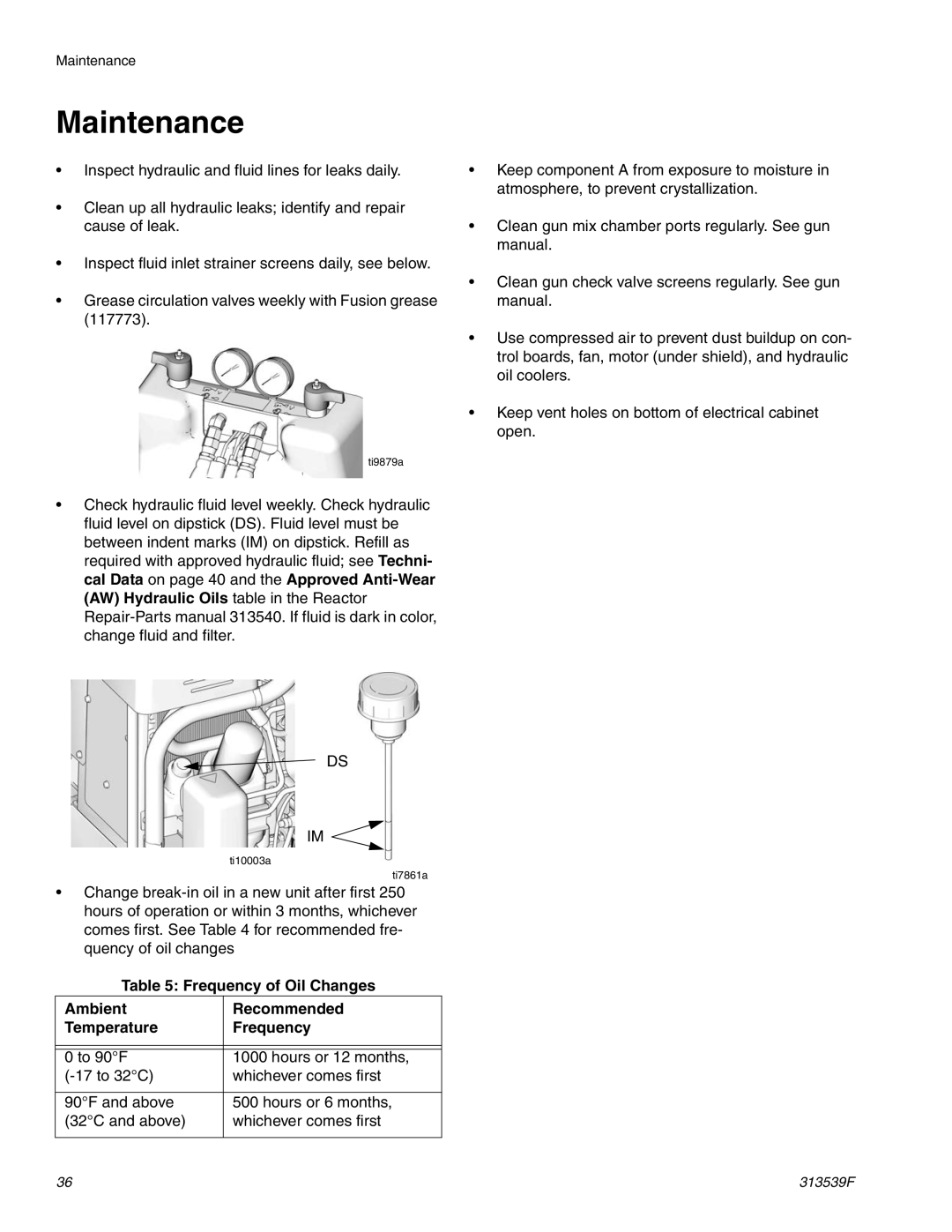 Graco 313539F important safety instructions Maintenance, Frequency of Oil Changes Ambient Recommended Temperature 