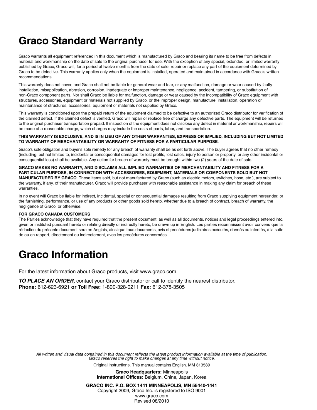 Graco 313539F important safety instructions Graco Standard Warranty, Graco Information 