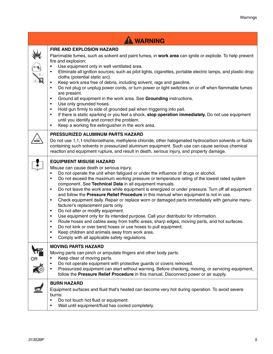 Graco 313539F important safety instructions Fire and Explosion Hazard 