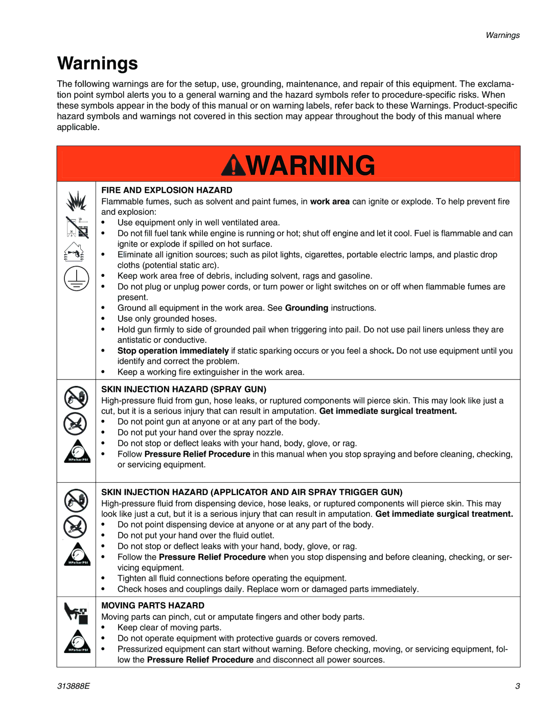 Graco 313888E important safety instructions Fire and Explosion Hazard 