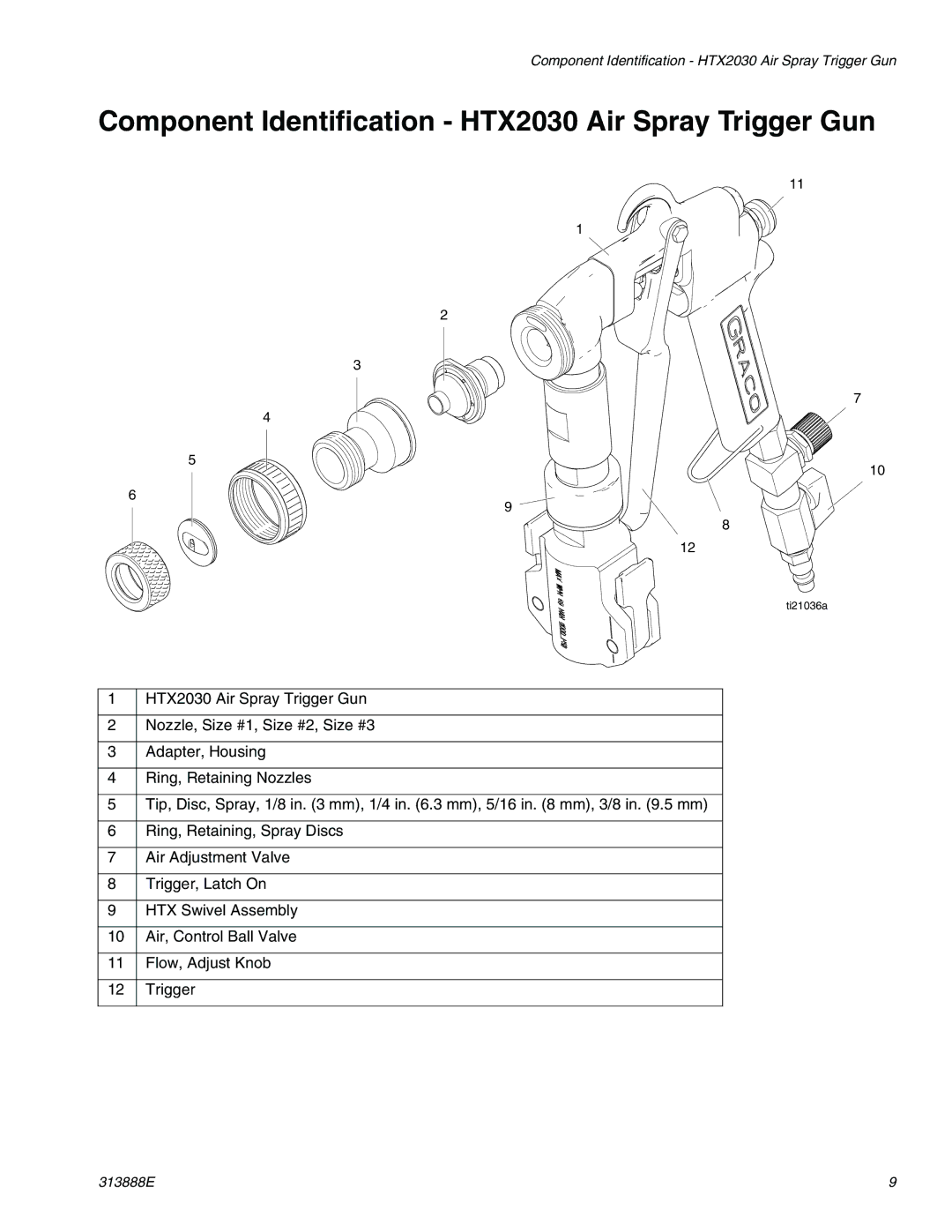 Graco 313888E important safety instructions Component Identification HTX2030 Air Spray Trigger Gun 