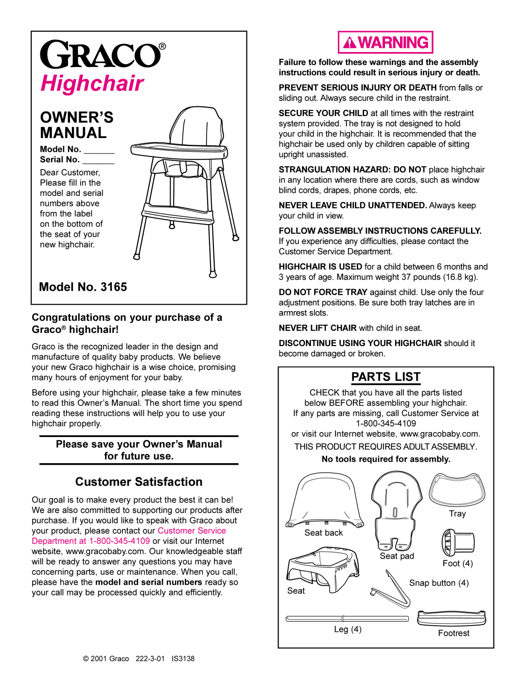 Graco 3165 owner manual Model No, Customer Satisfaction, Parts List, Congratulations on your purchase of a Graco highchair 
