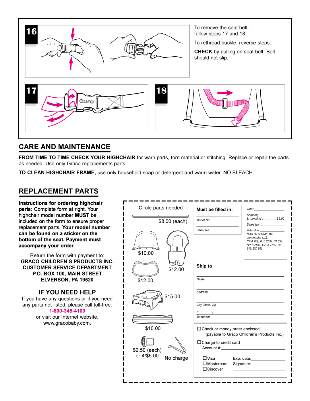 Graco 3165 owner manual Care And Maintenance, Replacement Parts, If You Need Help 
