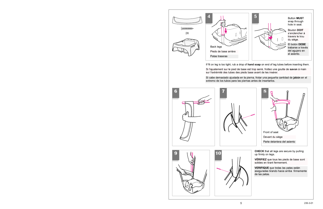 Graco 3180 owner manual Back legs 