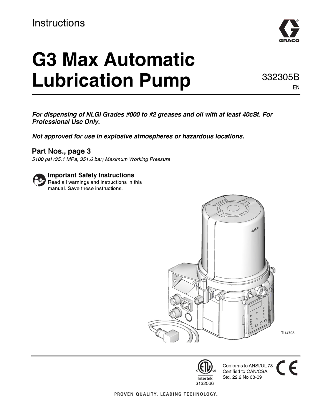 Graco 332305B important safety instructions G3 Max Automatic Lubrication Pump, Important Safety Instructions 