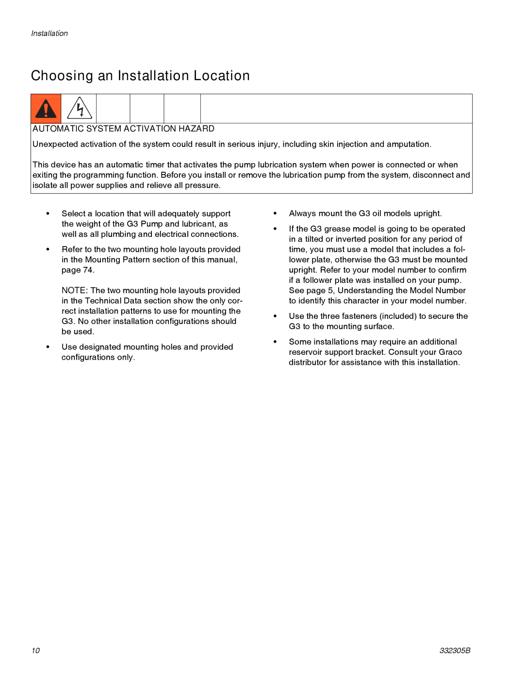 Graco 332305B important safety instructions Choosing an Installation Location, Automatic System Activation Hazard 