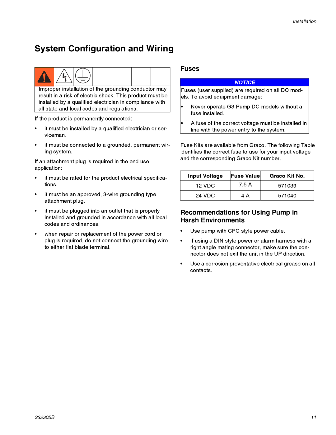 Graco 332305B System Configuration and Wiring, Fuses, Recommendations for Using Pump in Harsh Environments 