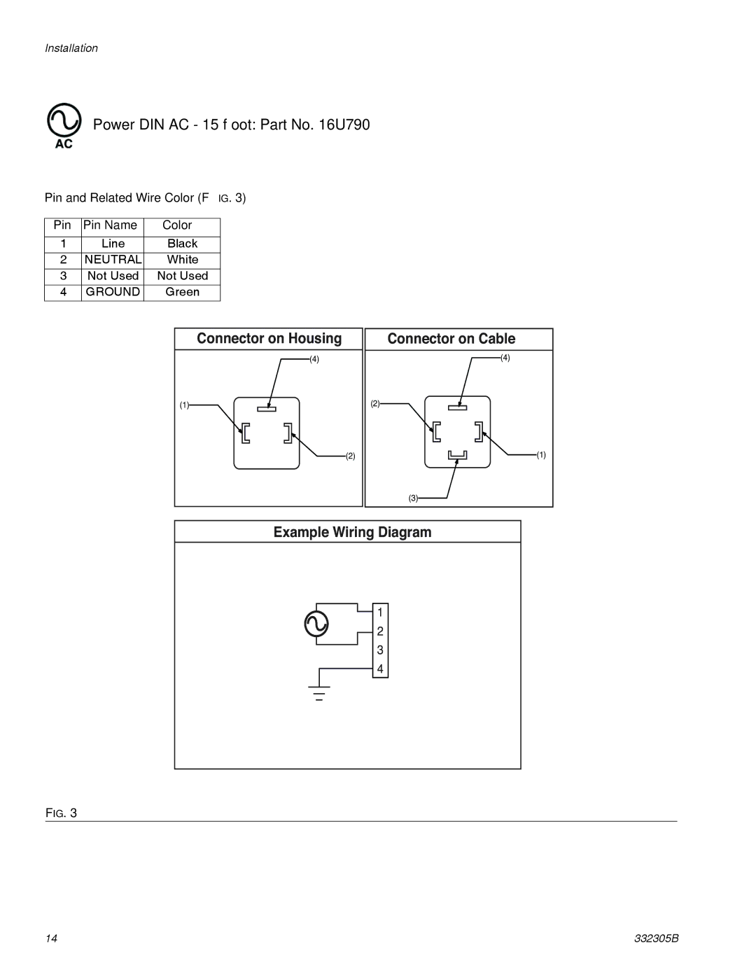 Graco 332305B Power DIN AC 15 foot Part No U790, Connector on Housing, Connector on Cable, Example Wiring Diagram 