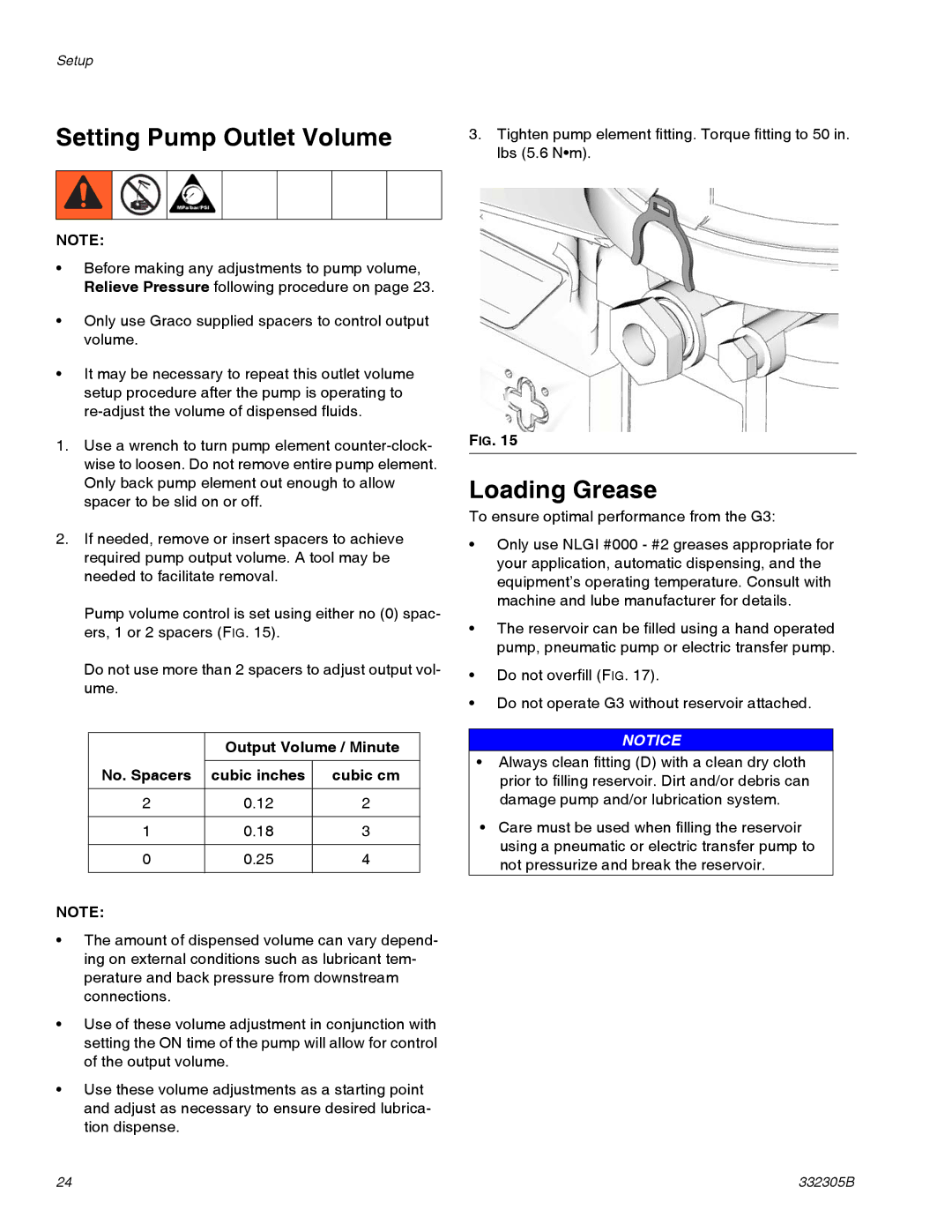 Graco 332305B Setting Pump Outlet Volume, Loading Grease, Output Volume / Minute, No. Spacers Cubic inches Cubic cm 
