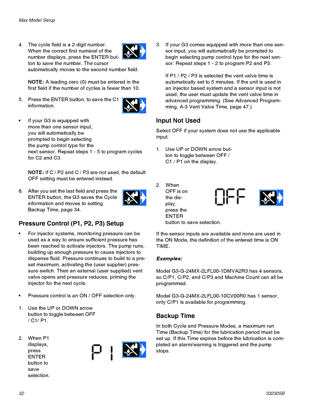 Graco 332305B important safety instructions Pressure Control P1, P2, P3 Setup, Input Not Used, Backup Time 