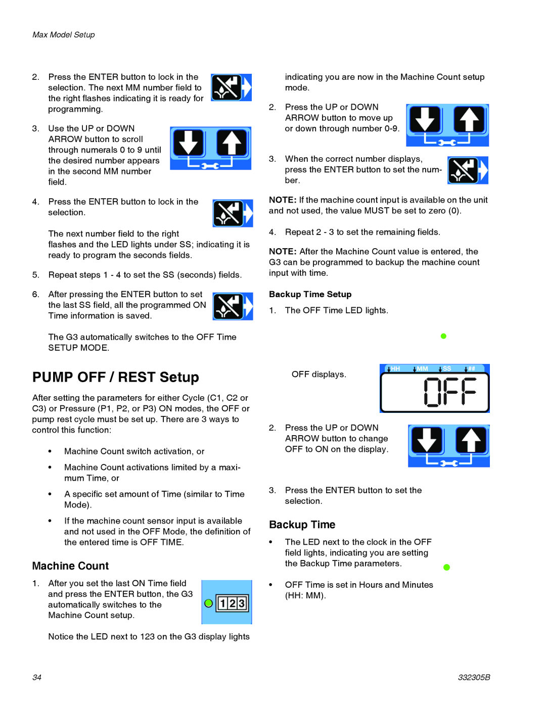 Graco 332305B important safety instructions Pump OFF / Rest Setup, Machine Count, Backup Time Setup 