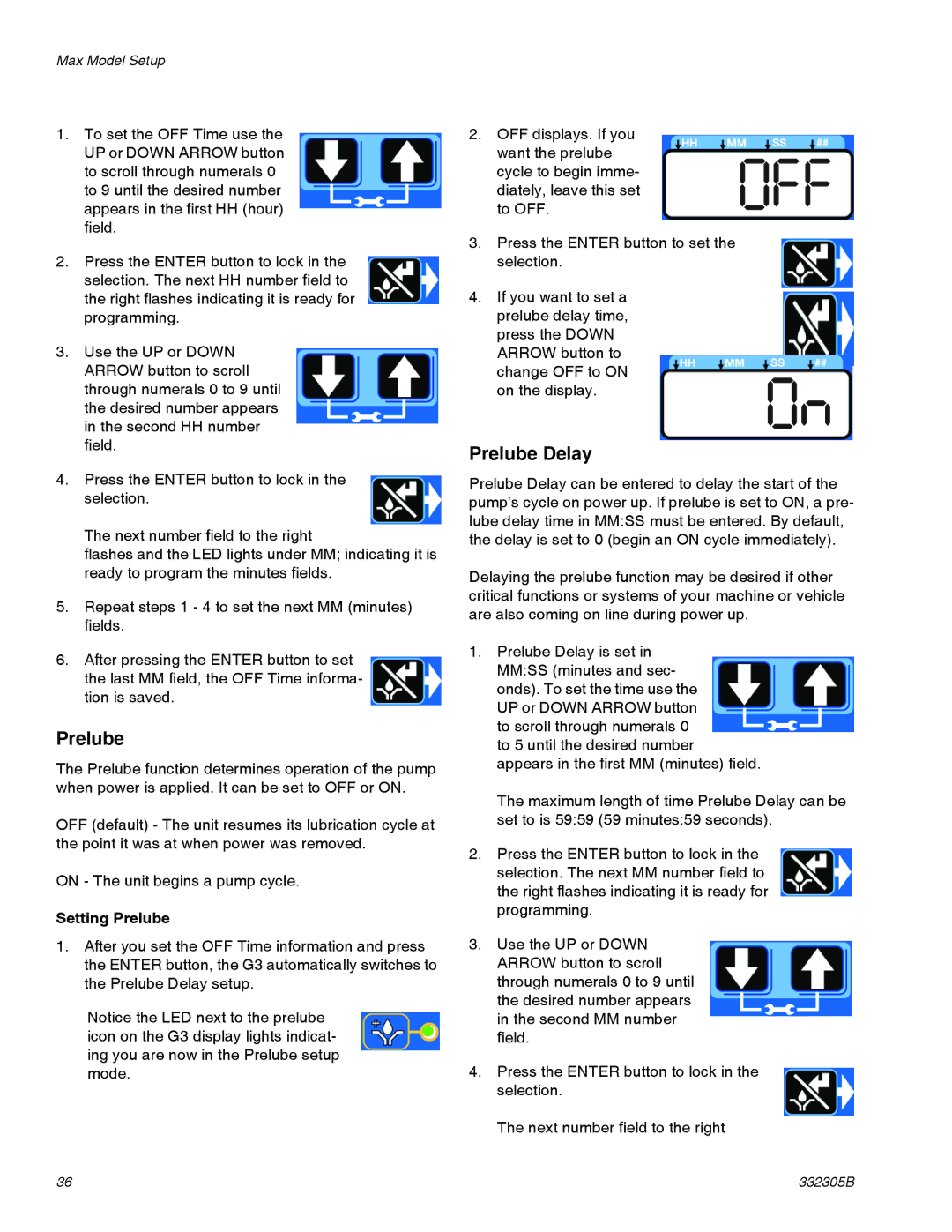 Graco 332305B important safety instructions Prelube Delay, Setting Prelube 