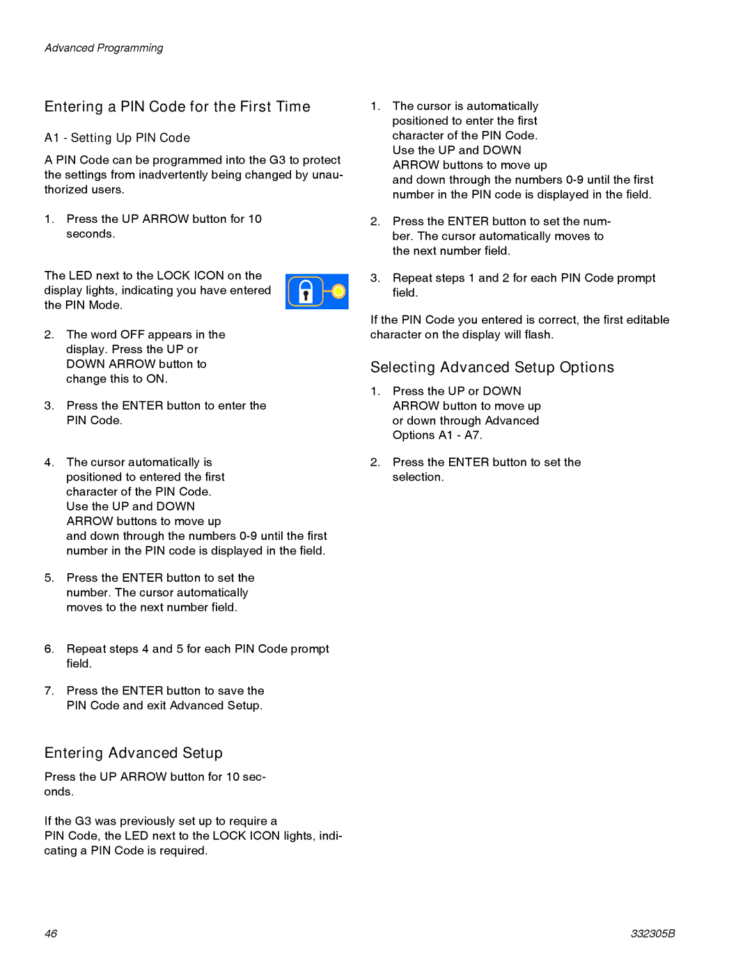 Graco 332305B Entering a PIN Code for the First Time, Entering Advanced Setup, Selecting Advanced Setup Options 