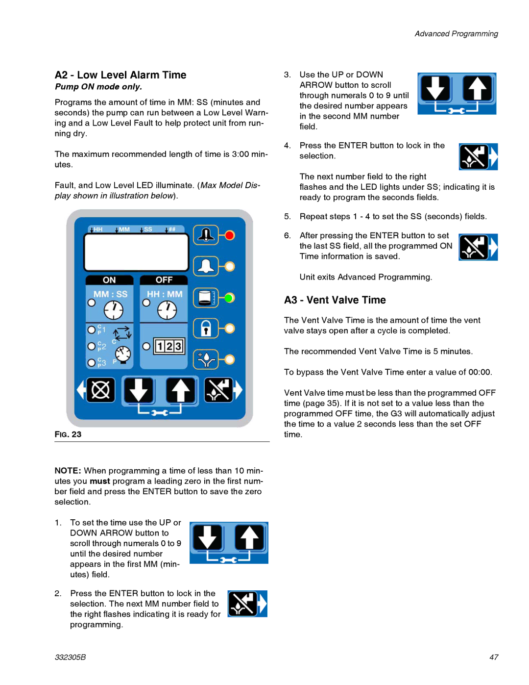 Graco 332305B important safety instructions A2 Low Level Alarm Time, A3 Vent Valve Time 