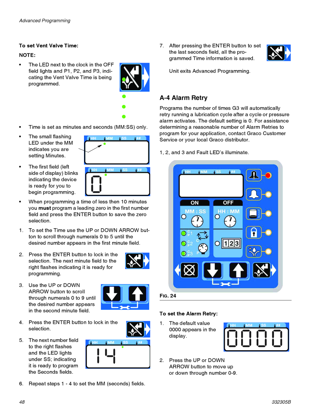 Graco 332305B important safety instructions To set Vent Valve Time, To set the Alarm Retry 