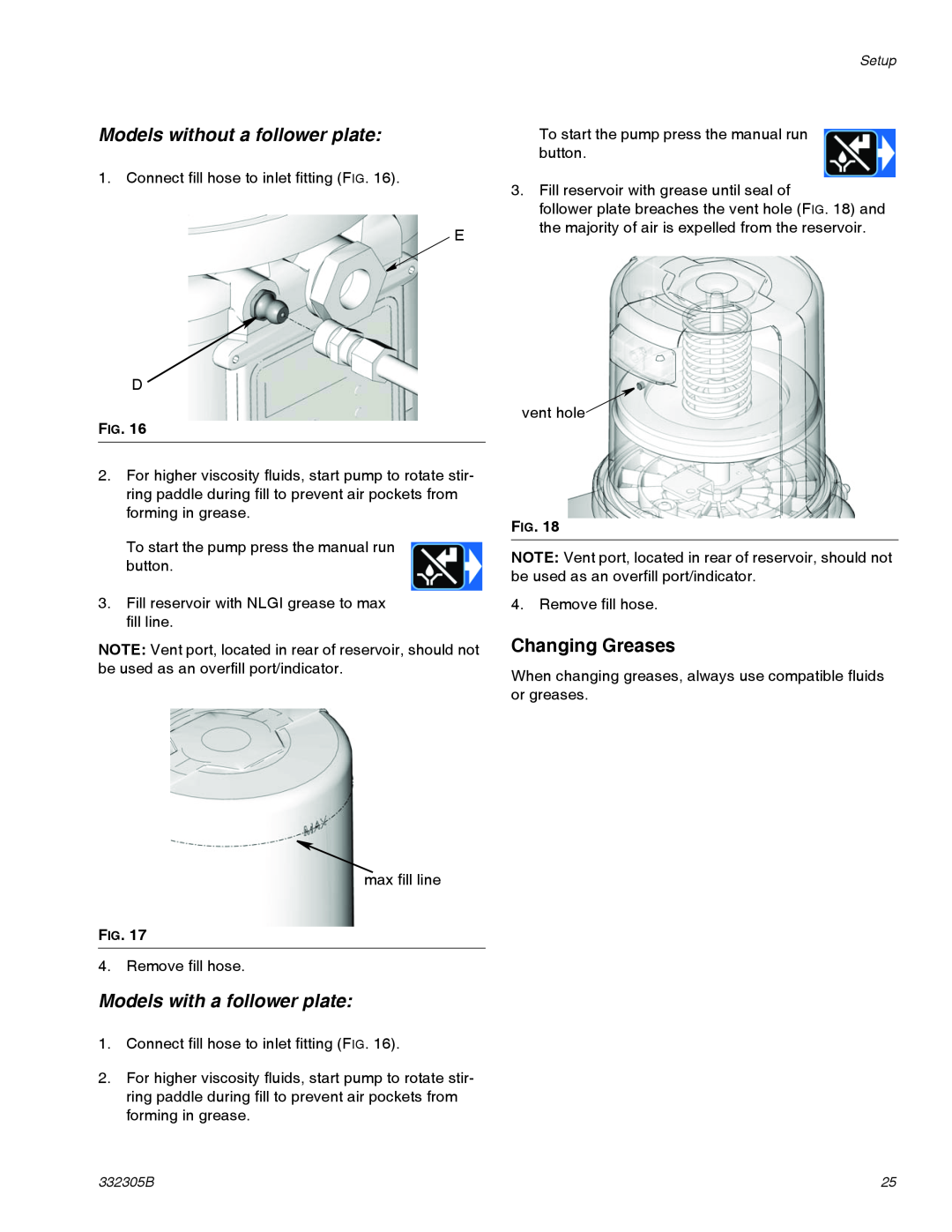 Graco 332305B important safety instructions Changing Greases, Models without a follower plate, Models with a follower plate 