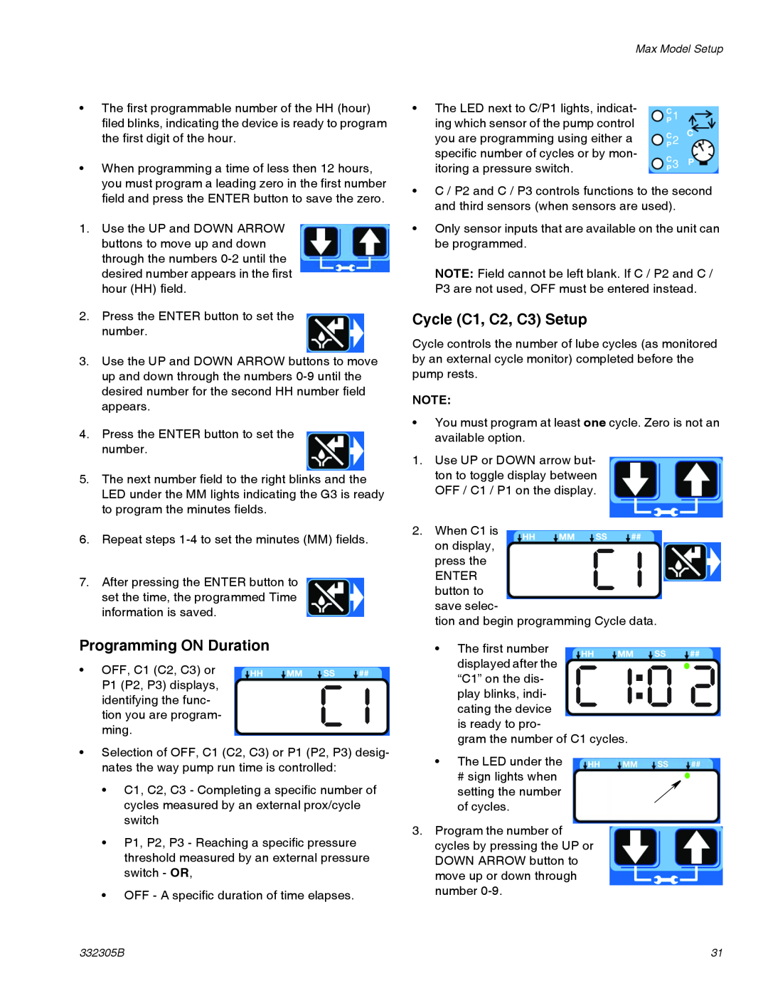 Graco 332305B important safety instructions Programming ON Duration, Cycle C1, C2, C3 Setup 