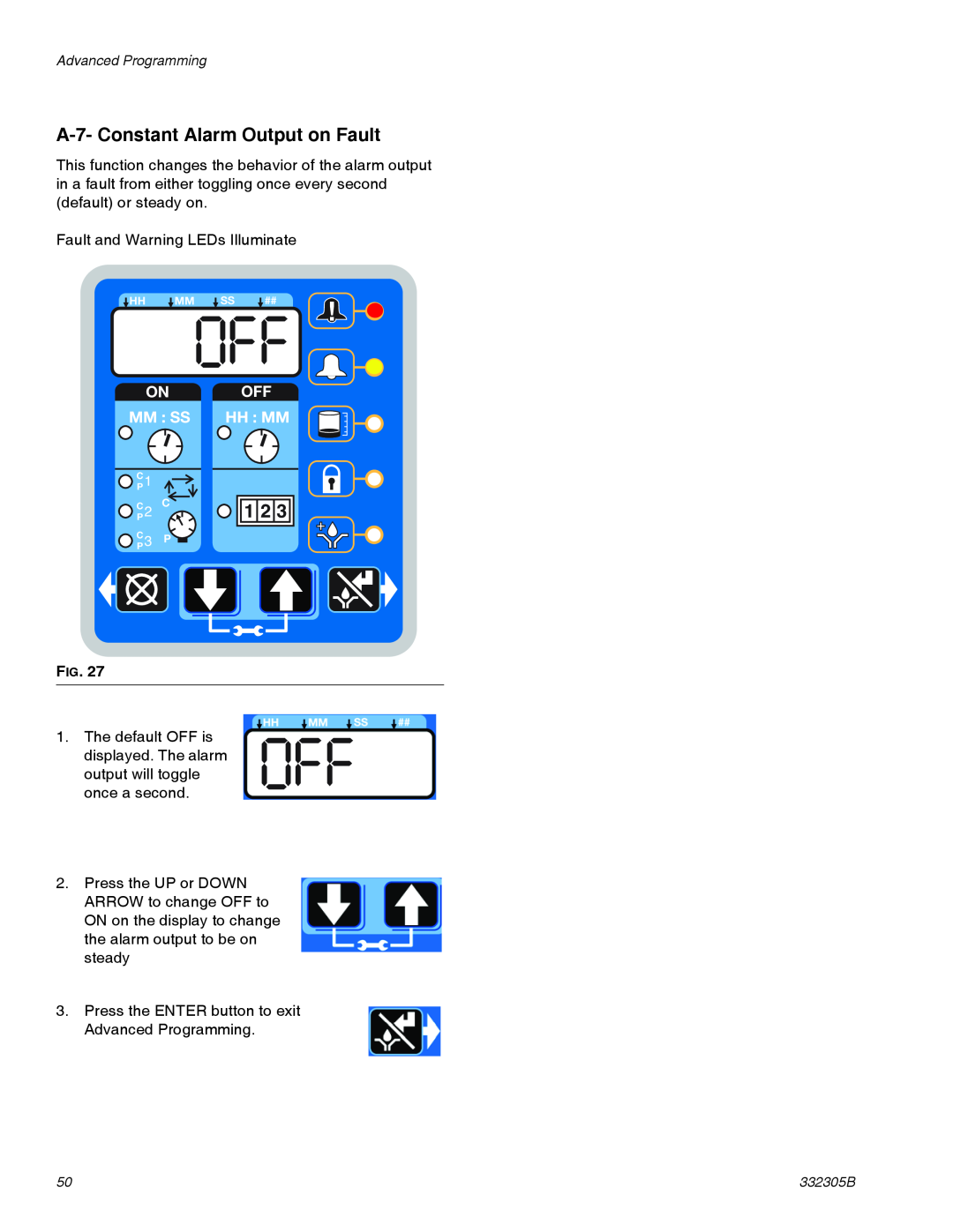 Graco 332305B important safety instructions A-7-Constant Alarm Output on Fault, On Off Mm : Ss Hh : Mm 