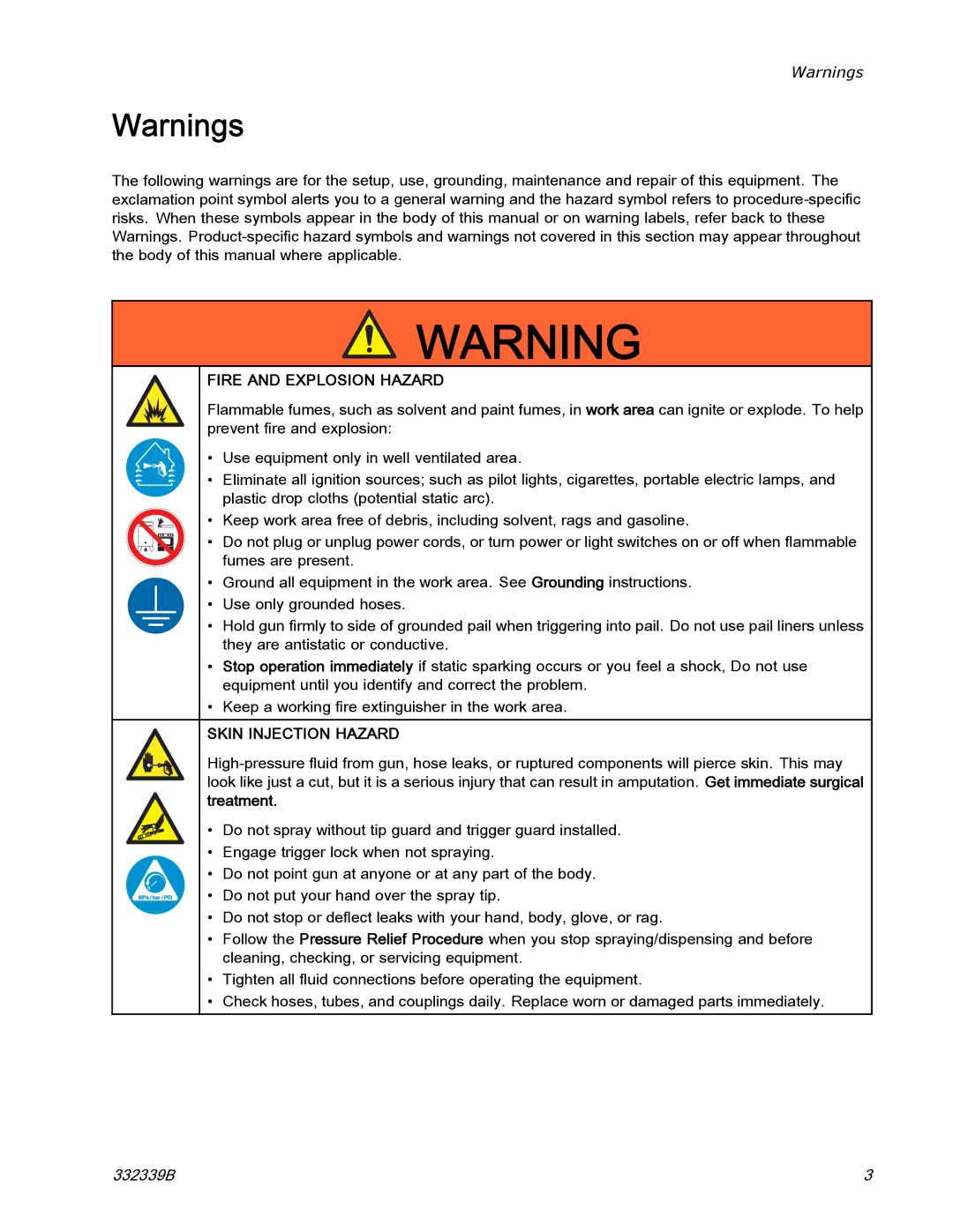 Graco 332339B important safety instructions Fire and Explosion Hazard 