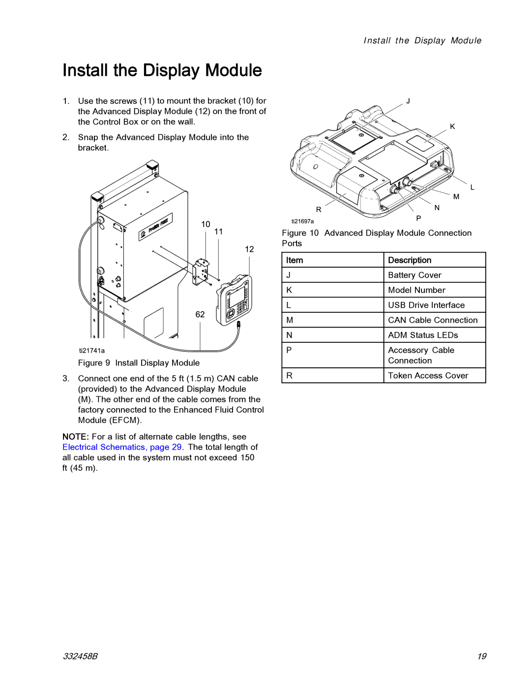 Graco 332458B important safety instructions Install the Display Module, Advanced Display Module Connection Ports 