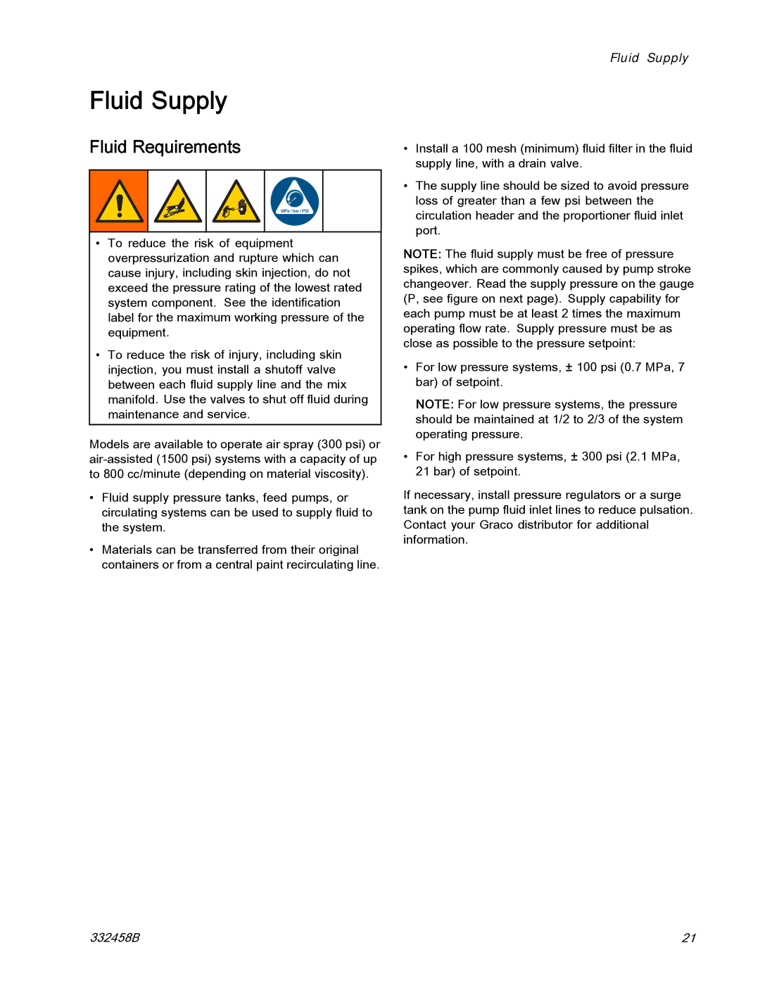 Graco 332458B important safety instructions Fluid Supply, Fluid Requirements 