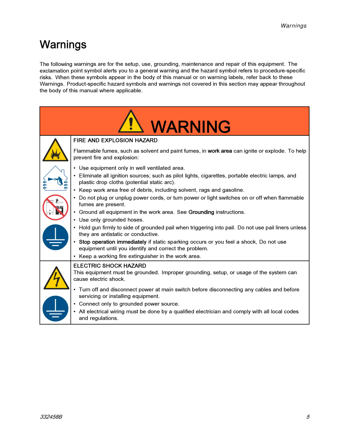 Graco 332458B important safety instructions Fire and Explosion Hazard, Electric Shock Hazard 