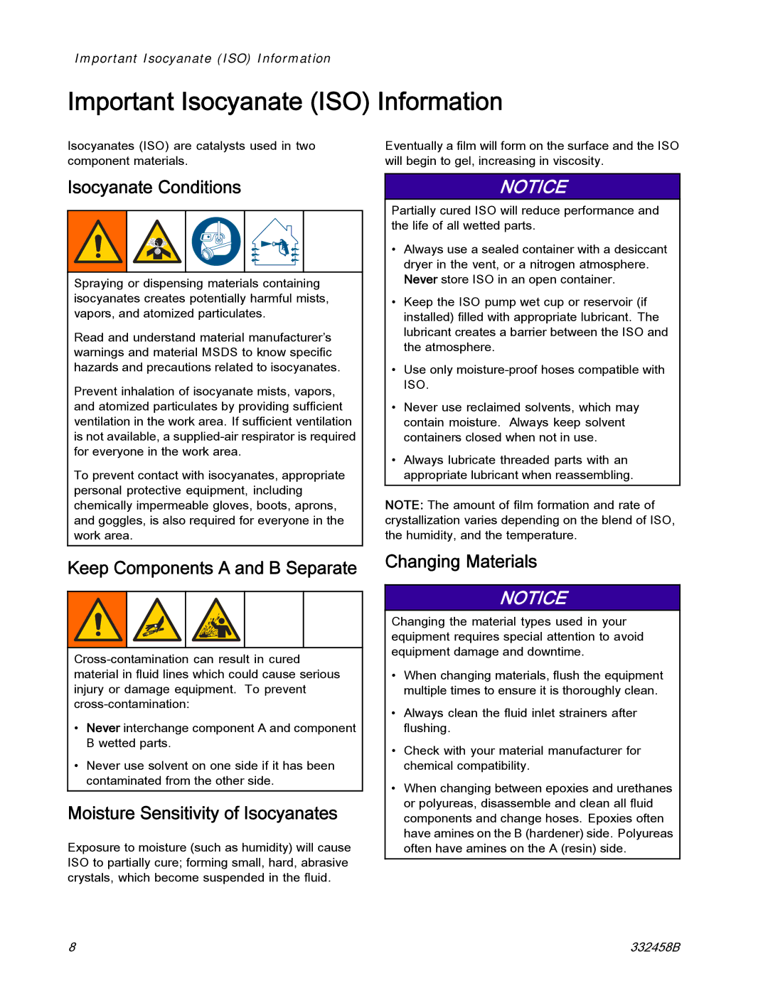 Graco 332458B Important Isocyanate ISO Information, Isocyanate Conditions, Moisture Sensitivity of Isocyanates 