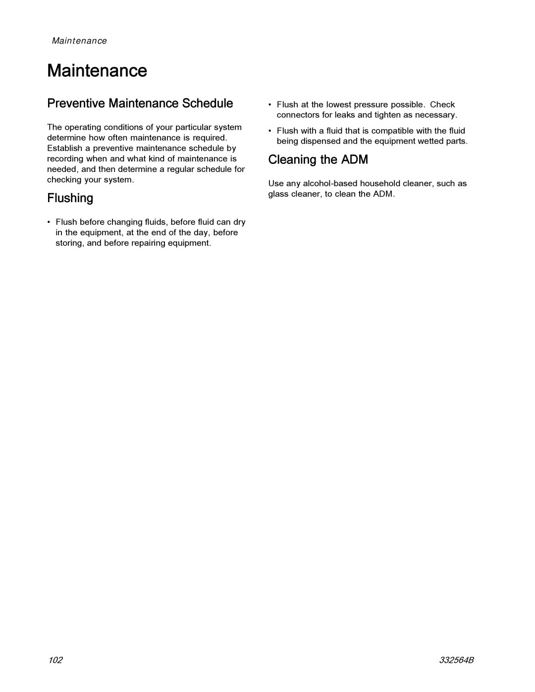 Graco 332564B important safety instructions Preventive Maintenance Schedule, Flushing, Cleaning the ADM 