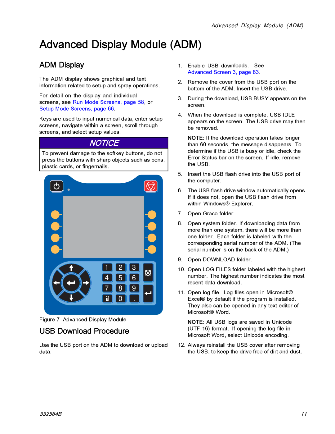 Graco 332564B important safety instructions Advanced Display Module ADM, ADM Display, USB Download Procedure 